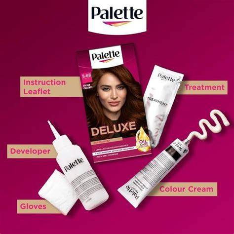 Áttekintő infographic a Palette Deluxe Oil-Care Color Permanent termék sajátosságairól: tartós szín, olajos krém textúra, őszhajfedés