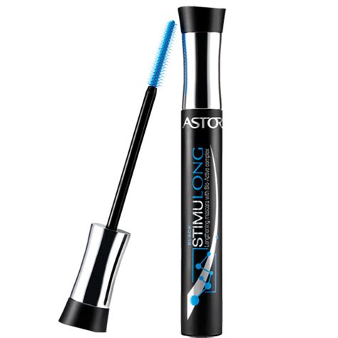 Az Astor StimuLong szempillaspirál és a benne található hatóanyagok illusztrációja.