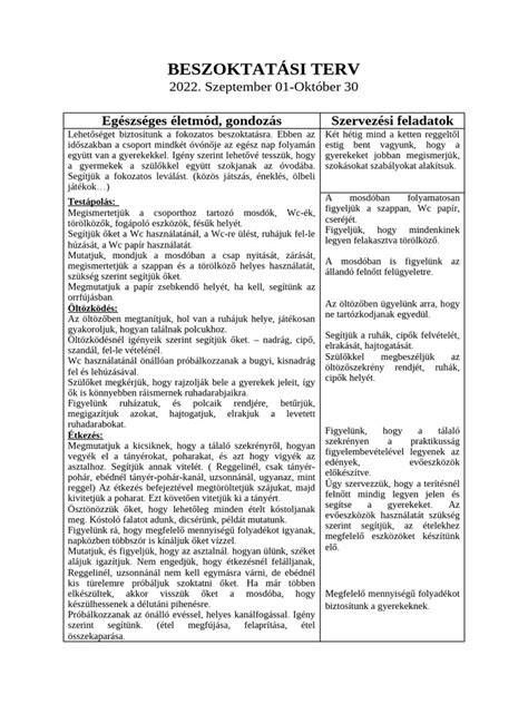 Javasolt életmódváltási terv táblázat