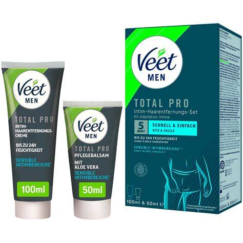 A Veet Men TOTAL PRO Intim Szett vizuális összetevői és a krém-balzsam párosításának illusztrációja