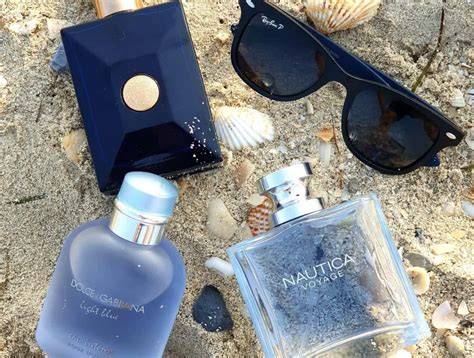 Illustration of light summer fragrance bottles and a beach scene