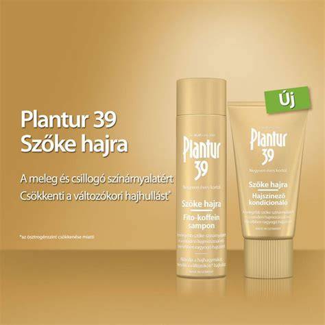 Plantur 39 szőke hajra kifejlesztett készítmények komoly szín- és hajerő-szolgáló hatásáról szóló ábra, amely a Fito-koffein komplexet és a színpigmentek tapadását mutatja be