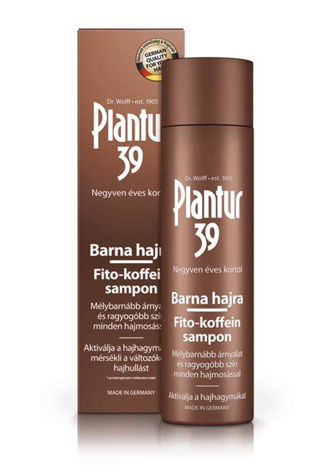 Átfogó infografika a Plantur 39 Fito-koffein sampon barna hajra hatásáról, a színpigmentek működéséről és a koffein hatásmechanizmusáról