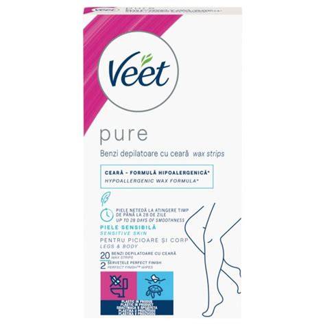 Veet Pure termékcsalád, csomagolások és hatóanyagok ábrázolása