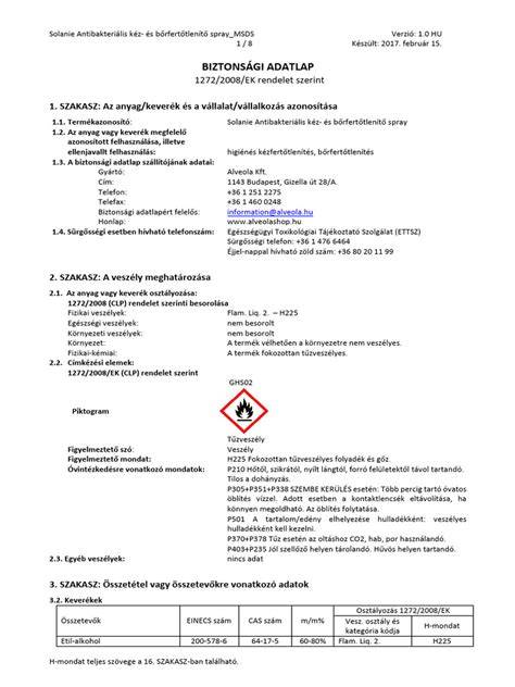 séma: egy biztonsági adatlap (SDS) fő fejezetei