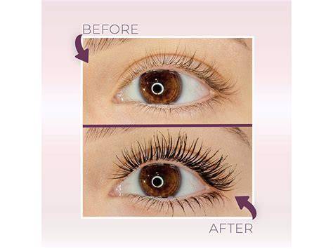Infografika a Lovely Lash Extension szempillaspirál működéséről: egyenletes bevonás, hosszabbítás, göndörítés