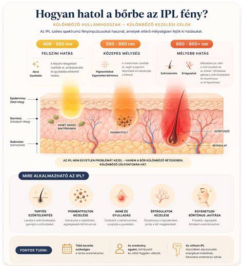 Infografika az IPL működési elvéről: melanin nyelés, fény -> hő -> szőrtüsző pusztítása