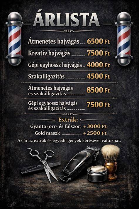 Árak és szolgáltatások példája a barber shopoknál