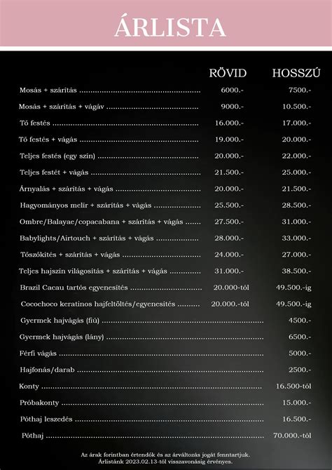 Árlista fodrászati szolgáltatások