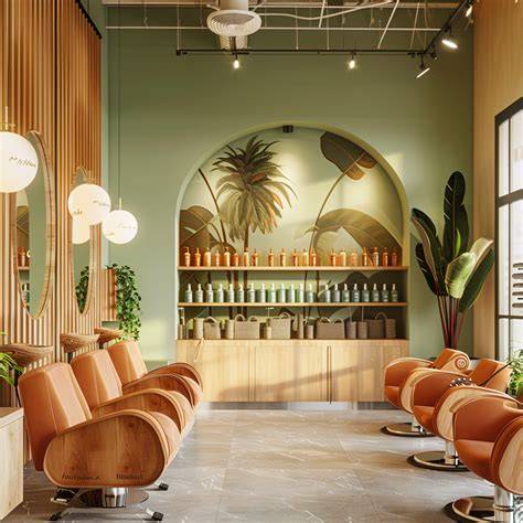 Illustration of a cozy modern hair salon with a green neighborhood vibe and city accessibility