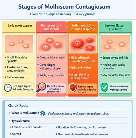 Infografika a molluscum contagiosum megjelenéséről és terjedéséről