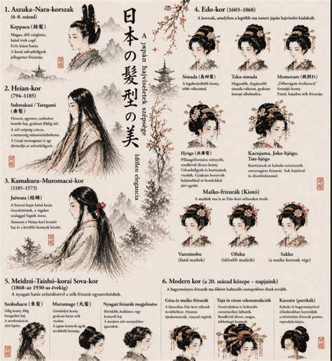 Infografika: A japán hajviseletek időrendi áttekintése (mizura, eboshi, sakayaki, oicho, chonmage)